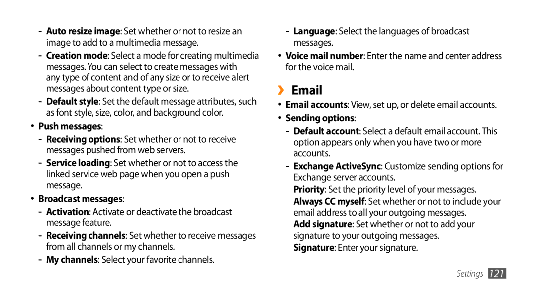 Samsung GT-S8530HKATHR, GT-S8530BAASKZ, GT-S8530BAATMC manual ›› Email, Push messages, Broadcast messages, Sending options 