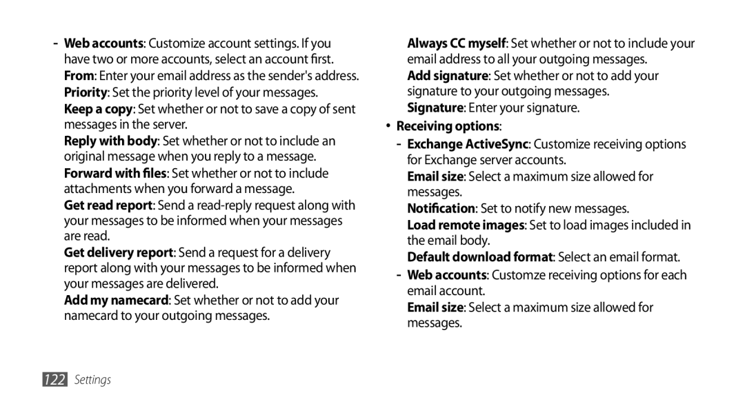 Samsung GT-S8530BAAJED, GT-S8530BAASKZ, GT-S8530BAATMC, GT-S8530LIAAFR, GT-S8530LIAPAK, GT-S8530BAAEGY manual Receiving options 