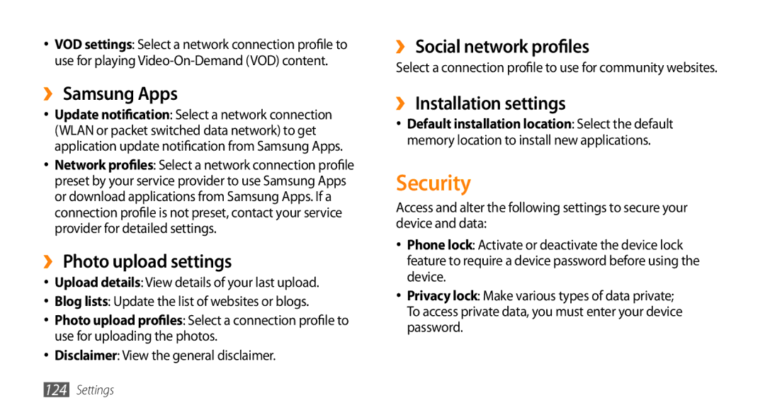 Samsung GT-S8530ISAAFR, GT-S8530BAASKZ manual Security, ››Samsung Apps, ›› Photo upload settings, ›› Social network profiles 