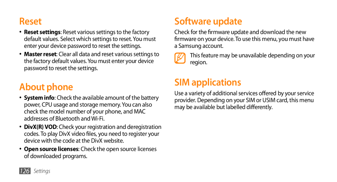 Samsung GT-S8530ISAPAK, GT-S8530BAASKZ, GT-S8530BAATMC, GT-S8530LIAAFR Reset, About phone, Software update, SIM applications 