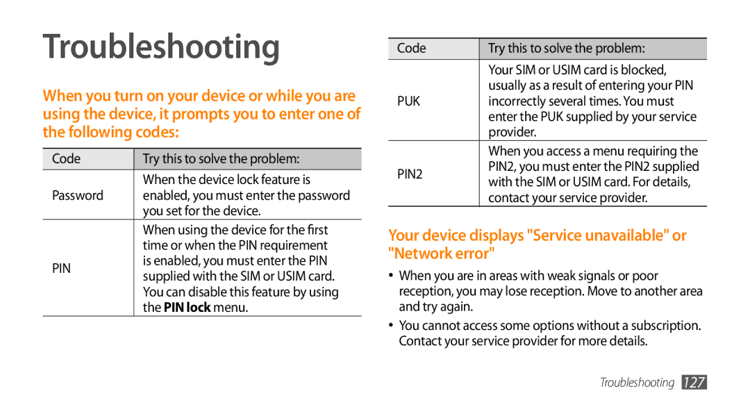 Samsung GT-S8530HKAXSG, GT-S8530BAASKZ manual Troubleshooting, Your device displays Service unavailable or Network error 