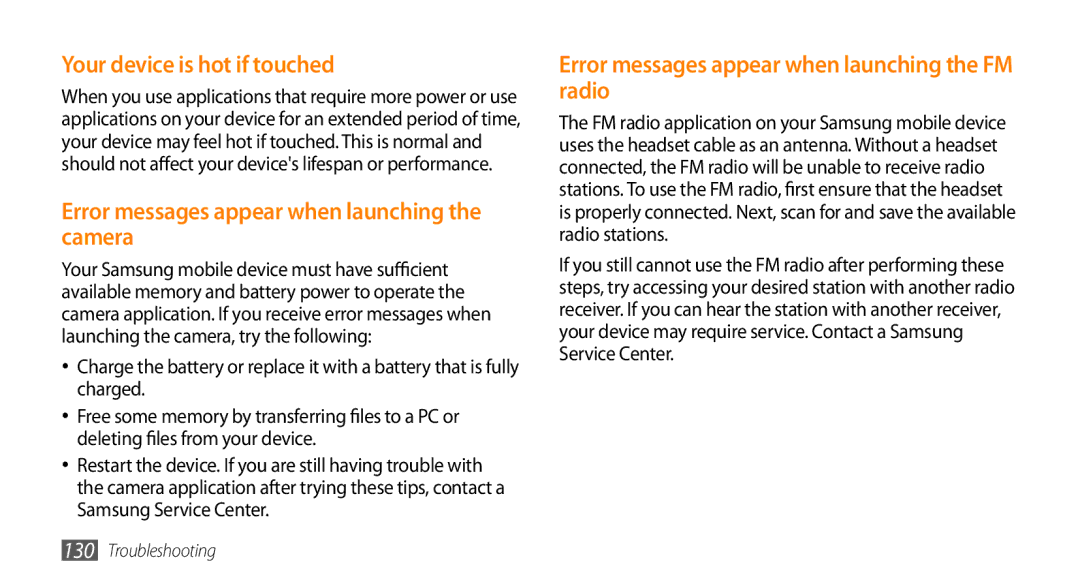 Samsung GT-S8530BAJECT, GT-S8530BAASKZ manual Your device is hot if touched, Error messages appear when launching the camera 