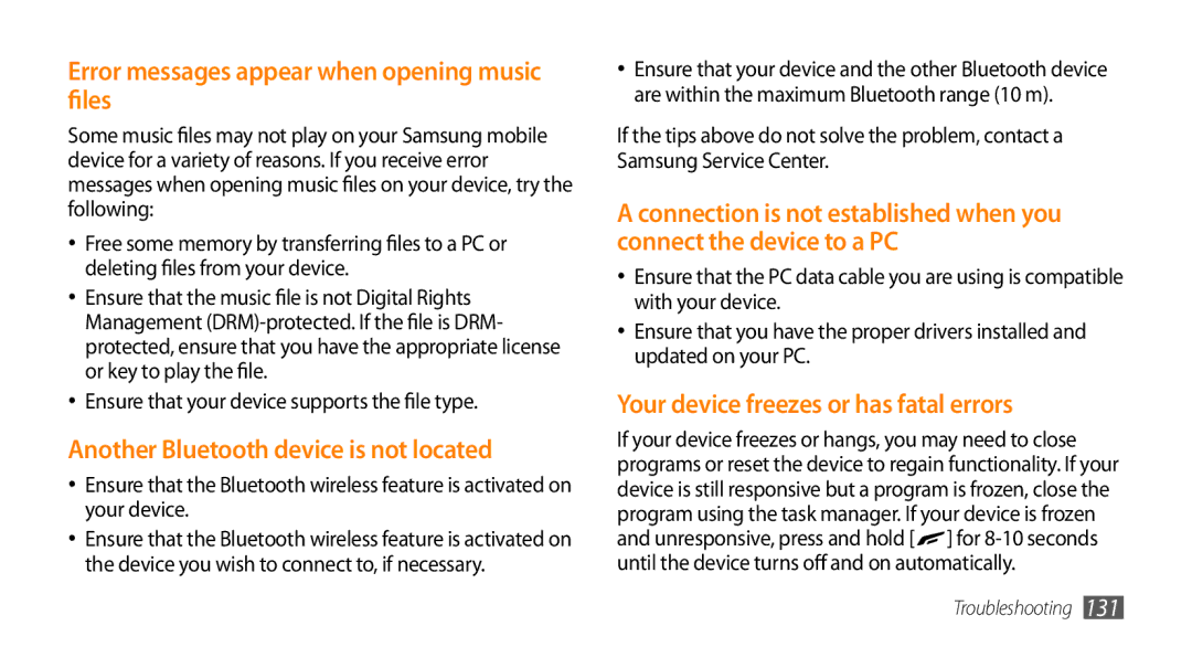 Samsung GT-S8530HKAKSA manual Error messages appear when opening music files, Another Bluetooth device is not located 