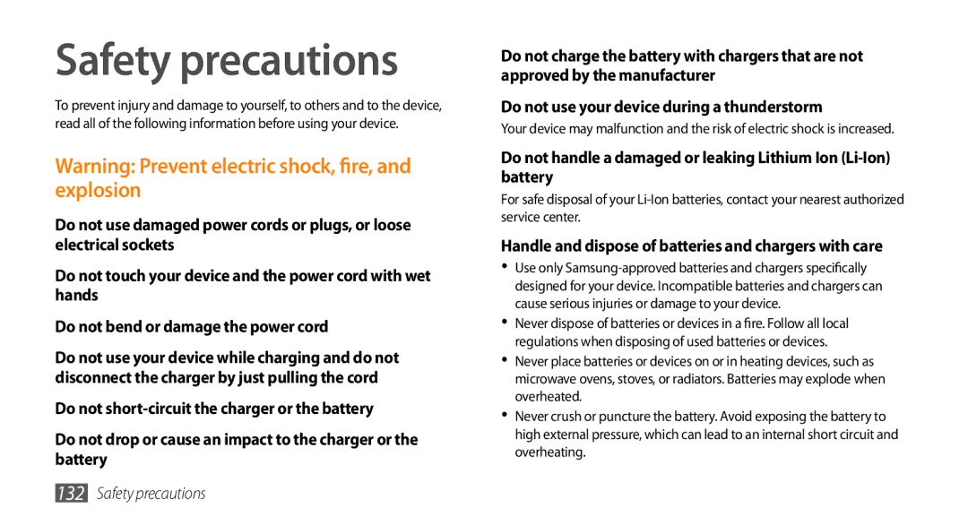 Samsung GT-S8530LIATHR, GT-S8530BAASKZ manual Safety precautions, Handle and dispose of batteries and chargers with care 