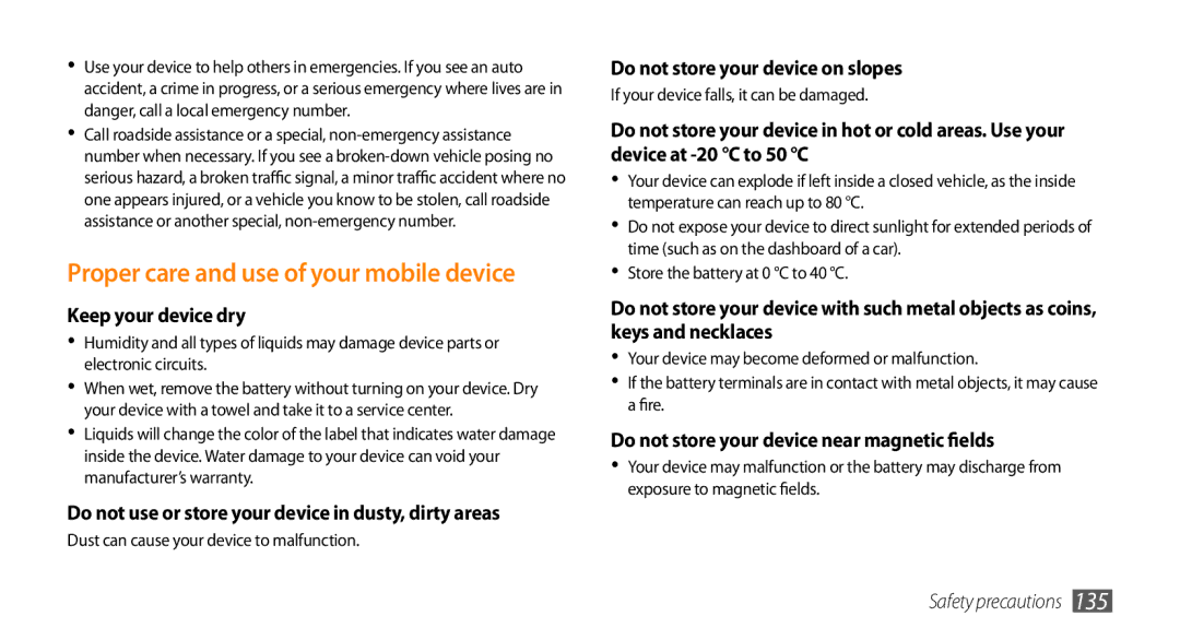 Samsung GT-S8530ISAKSA, GT-S8530BAASKZ, GT-S8530BAATMC manual Proper care and use of your mobile device, Keep your device dry 