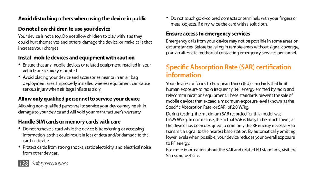 Samsung GT-S8530HKAAFR, GT-S8530BAASKZ, GT-S8530BAATMC manual Specific Absorption Rate SAR certification information 