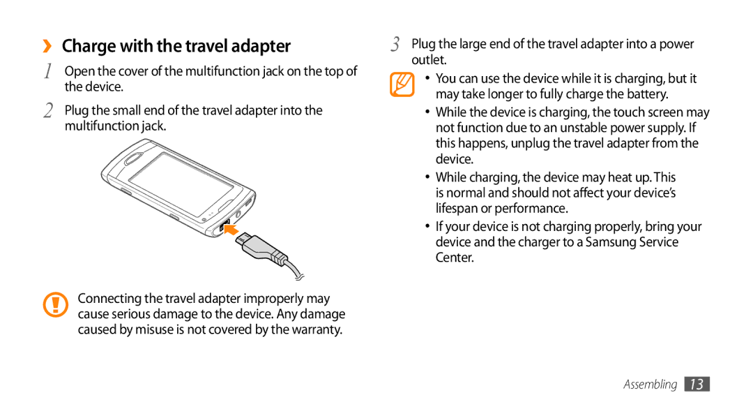 Samsung GT-S8530BAAMID, GT-S8530BAASKZ manual ›› Charge with the travel adapter, Device, Multifunction jack, Outlet 