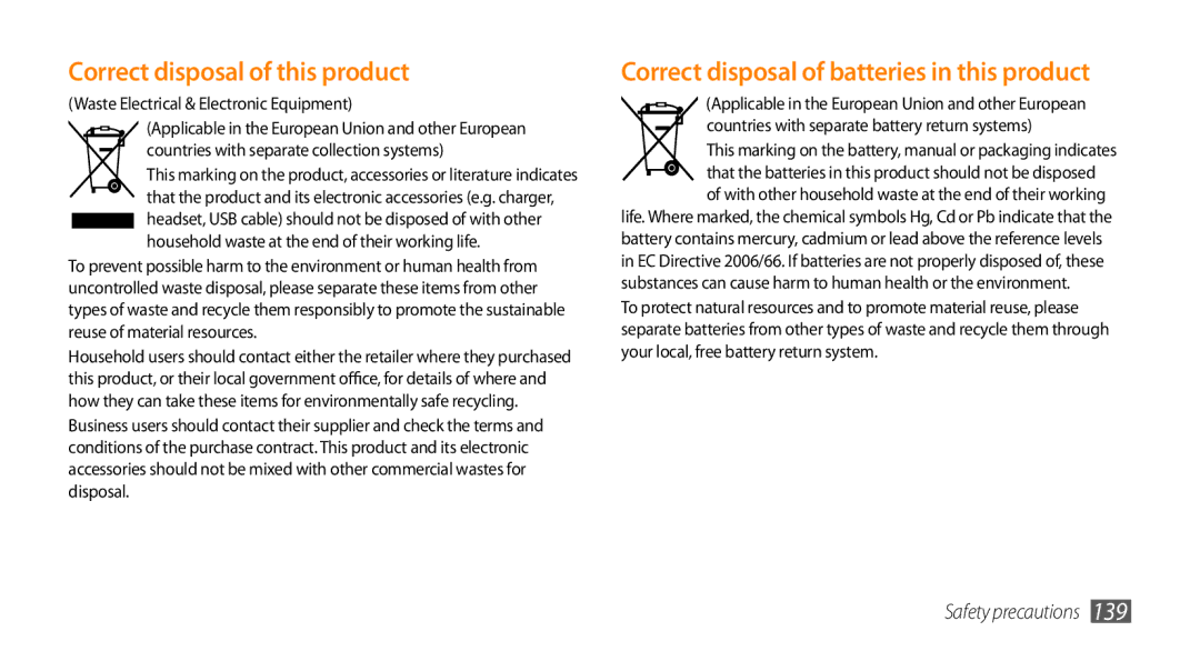 Samsung GT-S8530ISAXEV, GT-S8530BAASKZ Correct disposal of this product, Correct disposal of batteries in this product 