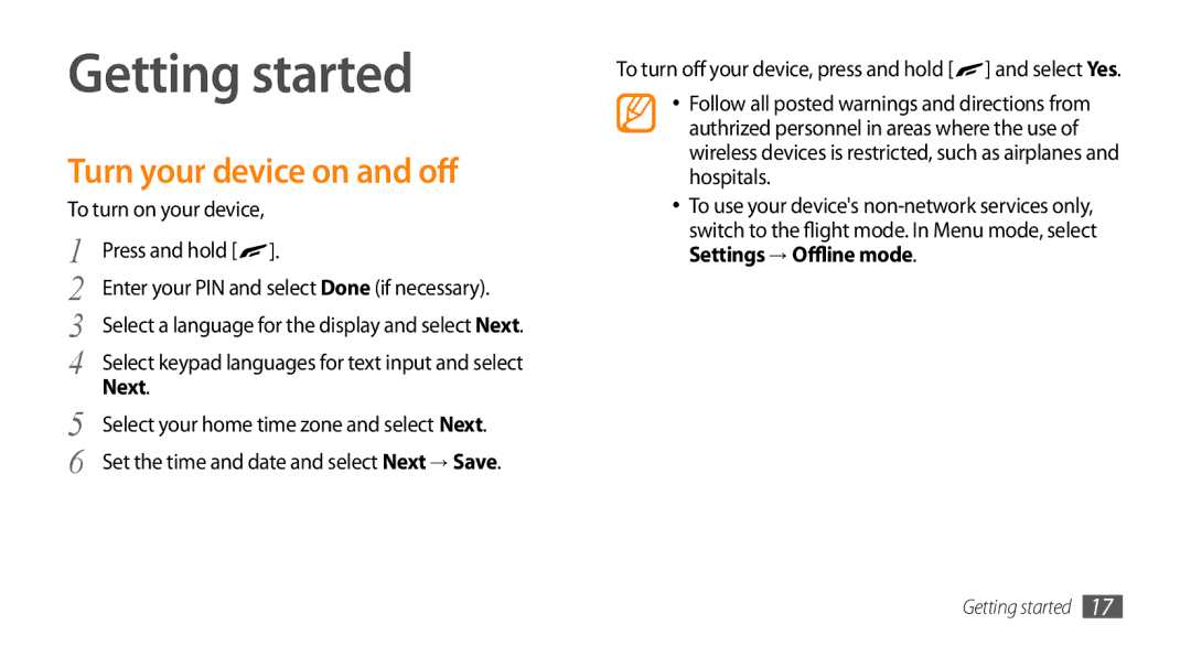 Samsung GT-S8530HKASKZ, GT-S8530BAASKZ, GT-S8530BAATMC, GT-S8530LIAAFR manual Getting started, Turn your device on and off 