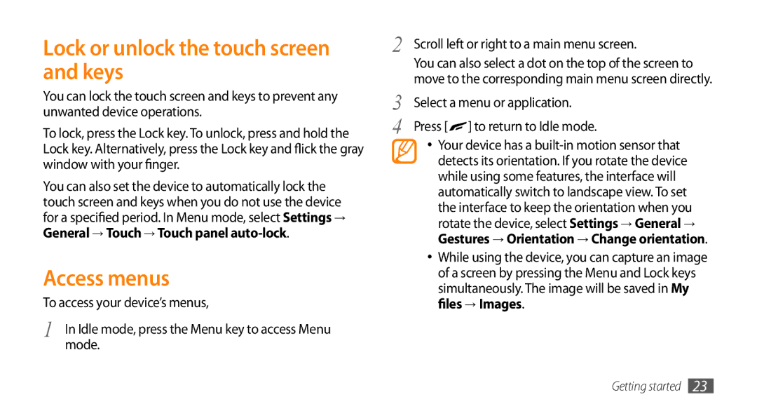 Samsung GT-S8530LIAMID, GT-S8530BAASKZ, GT-S8530BAATMC manual Lock or unlock the touch screen and keys, Access menus 