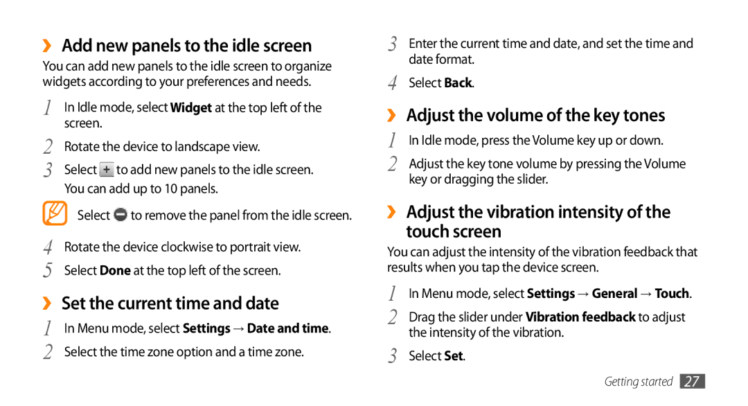 Samsung GT-S8530ISATHR, GT-S8530BAASKZ manual ›› Add new panels to the idle screen, ›› Set the current time and date 