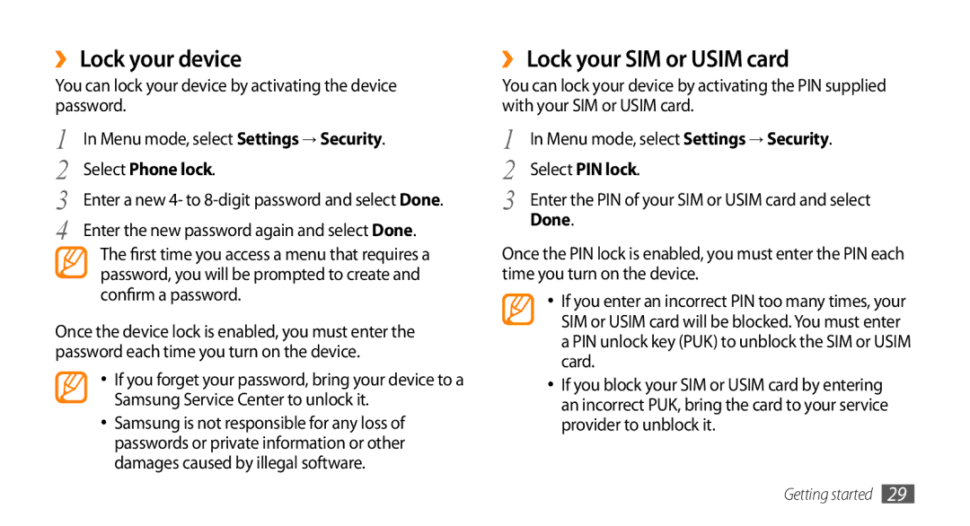 Samsung GT-S8530ISAKSA, GT-S8530BAASKZ manual ›› Lock your device, ›› Lock your SIM or Usim card, Select Phone lock, Done 