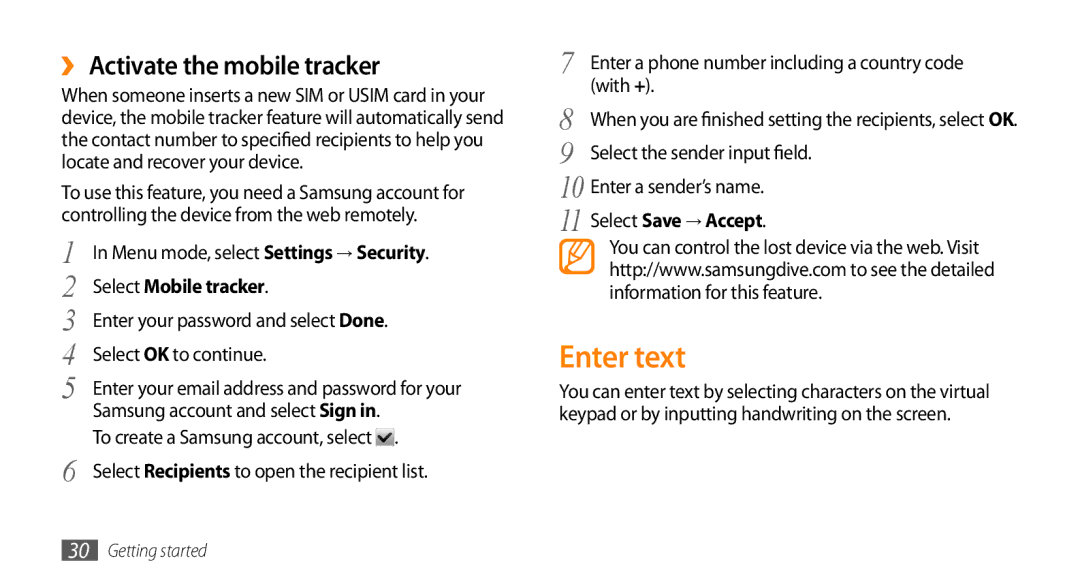 Samsung GT-S8530BAAAFR manual Enter text, ›› Activate the mobile tracker, Select Mobile tracker, Select Save → Accept 