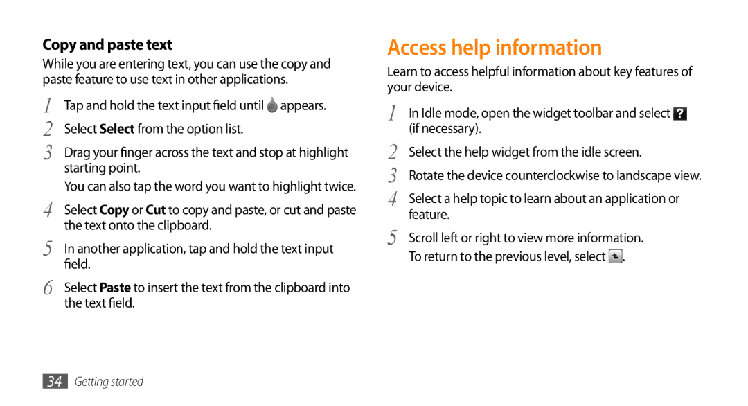 Samsung GT-S8530LIAXXV, GT-S8530BAASKZ, GT-S8530BAATMC, GT-S8530LIAAFR manual Access help information, Copy and paste text 