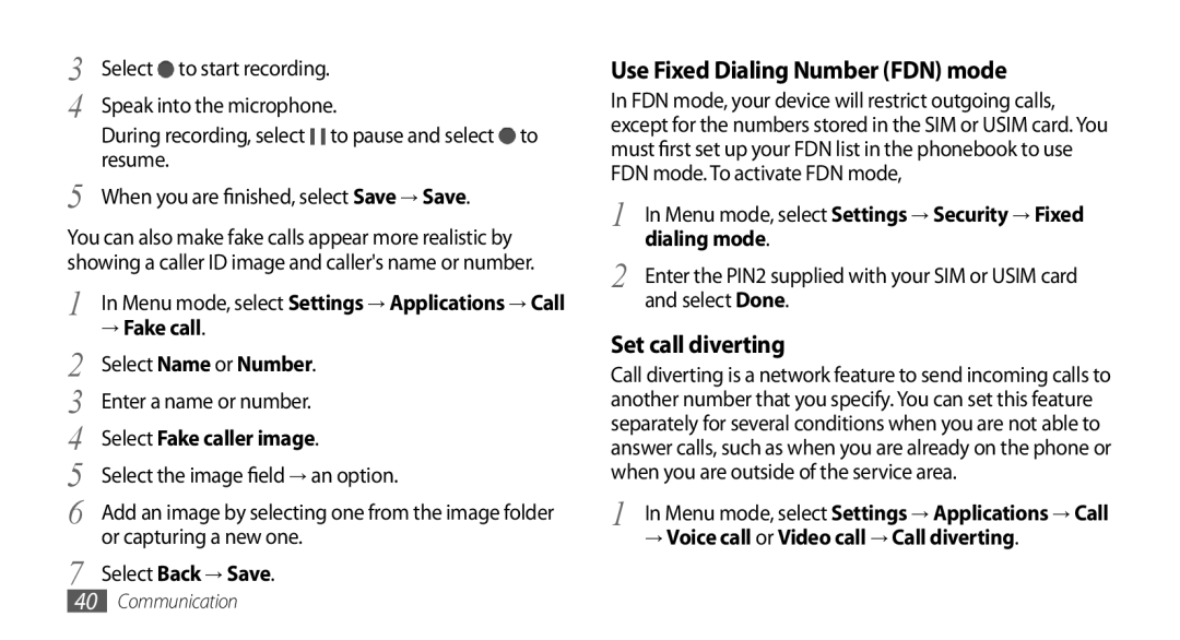 Samsung GT-S8530HKAXEV, GT-S8530BAASKZ, GT-S8530BAATMC, GT-S8530LIAAFR Use Fixed Dialing Number FDN mode, Set call diverting 