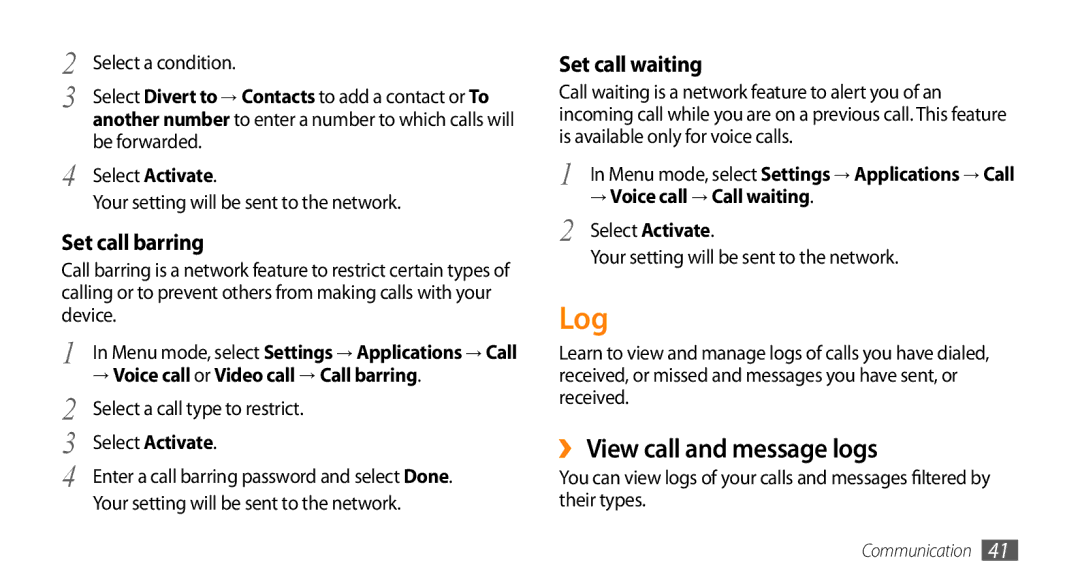 Samsung GT-S8530ISAXXV, GT-S8530BAASKZ manual Log, ›› View call and message logs, Set call barring, Set call waiting 