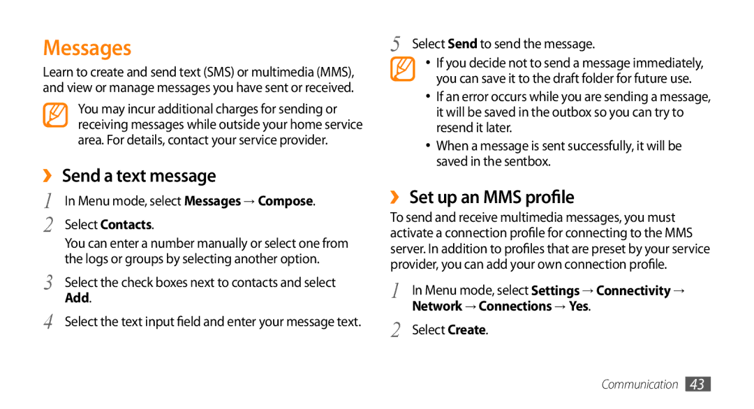 Samsung GT-S8530BAAPTR manual Messages, ›› Send a text message, ›› Set up an MMS profile, Network → Connections → Yes 