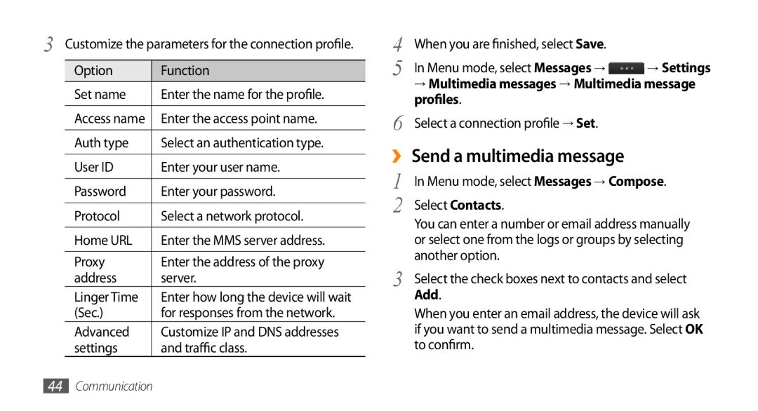 Samsung GT-S8530HKBPCL, GT-S8530BAASKZ manual ›› Send a multimedia message, Profiles Select a connection profile → Set, Add 