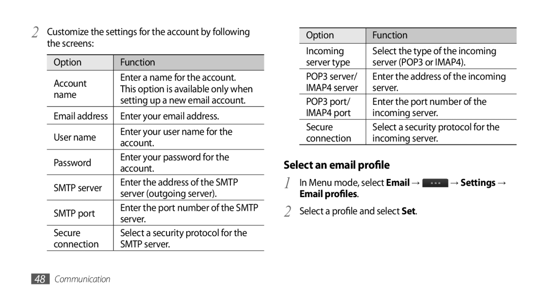 Samsung GT-S8530BABCEL, GT-S8530BAASKZ, GT-S8530BAATMC, GT-S8530LIAAFR, GT-S8530LIAPAK Select an email profile, → Settings → 