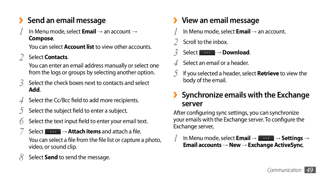 Samsung GT-S8530HKBCEL, GT-S8530BAASKZ, GT-S8530BAATMC manual ›› Send an email message, ›› View an email message, Server 