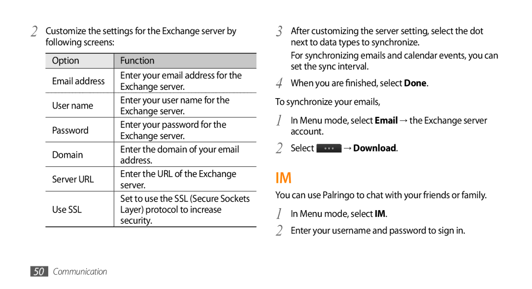 Samsung GT-S8530BABPCL manual Option Function, Exchange server, Server URL, Use SSL Layer protocol to increase Security 