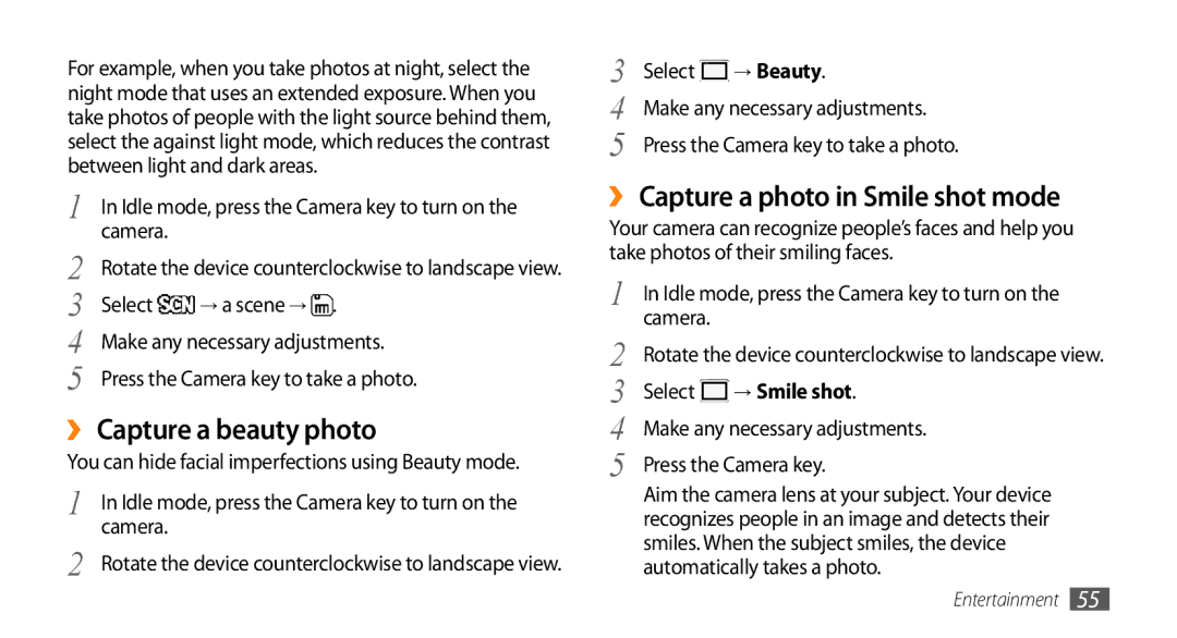 Samsung GT-S8530LIAPAK, GT-S8530BAASKZ manual ›› Capture a beauty photo, ›› Capture a photo in Smile shot mode, → Smile shot 