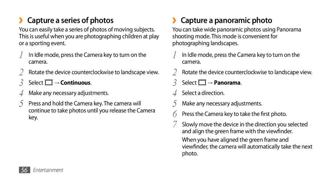 Samsung GT-S8530BAAEGY, GT-S8530BAASKZ, GT-S8530BAATMC manual ›› Capture a series of photos, ›› Capture a panoramic photo 