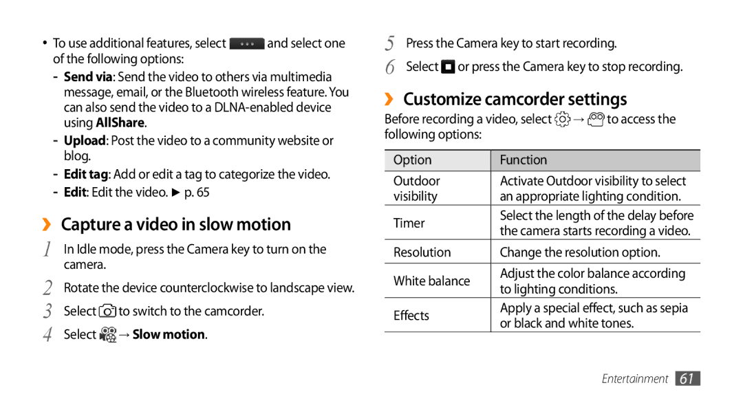 Samsung GT-S8530ISAJED manual ›› Capture a video in slow motion, ›› Customize camcorder settings, Edit Edit the video. p 