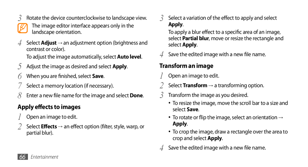 Samsung GT-S8530BAAMID, GT-S8530BAASKZ, GT-S8530BAATMC, GT-S8530LIAAFR manual Apply effects to images, Transform an image 