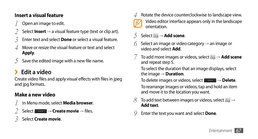 Samsung GT-S8530HKAJED, GT-S8530BAASKZ, GT-S8530BAATMC manual ›› Edit a video, Insert a visual feature, Make a new video 