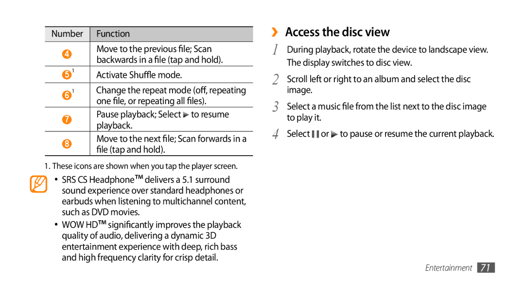 Samsung GT-S8530ISAAFR, GT-S8530BAASKZ ›› Access the disc view, Activate Shuffle mode, One file, or repeating all files 