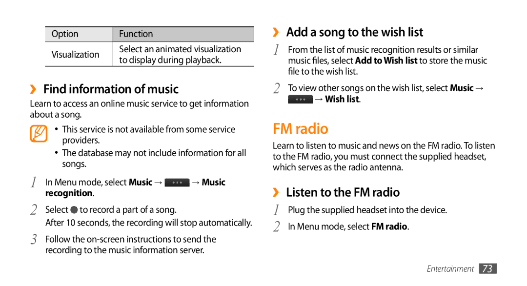 Samsung GT-S8530ISAPAK manual ›› Find information of music, ›› Add a song to the wish list, ›› Listen to the FM radio 