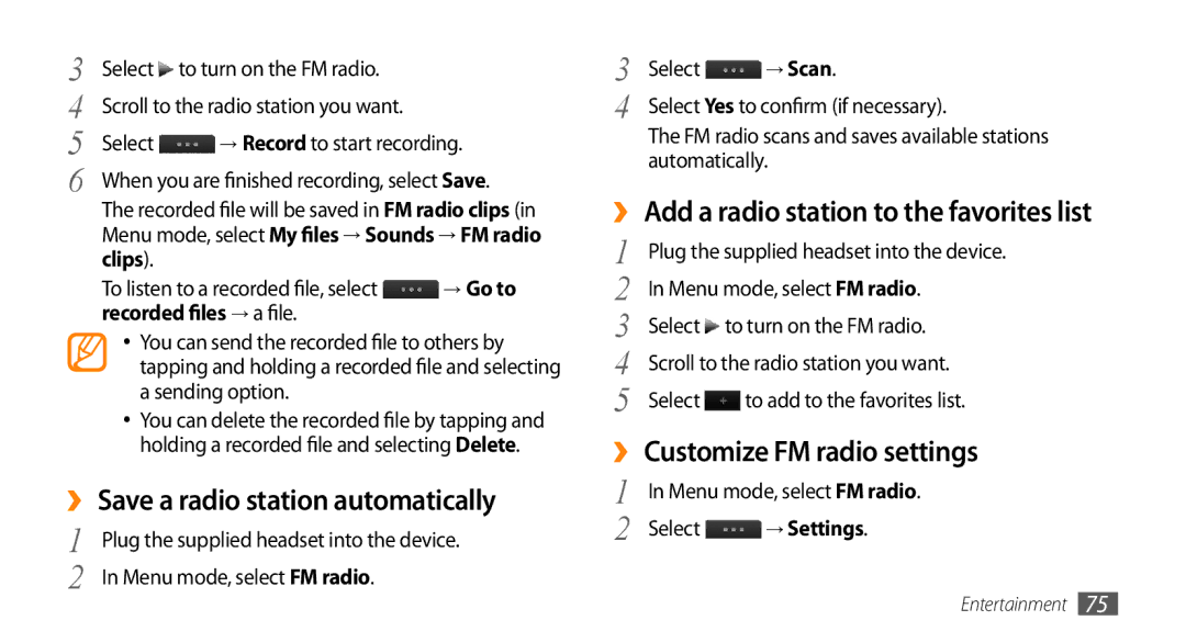 Samsung GT-S8530ISASKZ manual ›› Save a radio station automatically, ›› Add a radio station to the favorites list, → Scan 