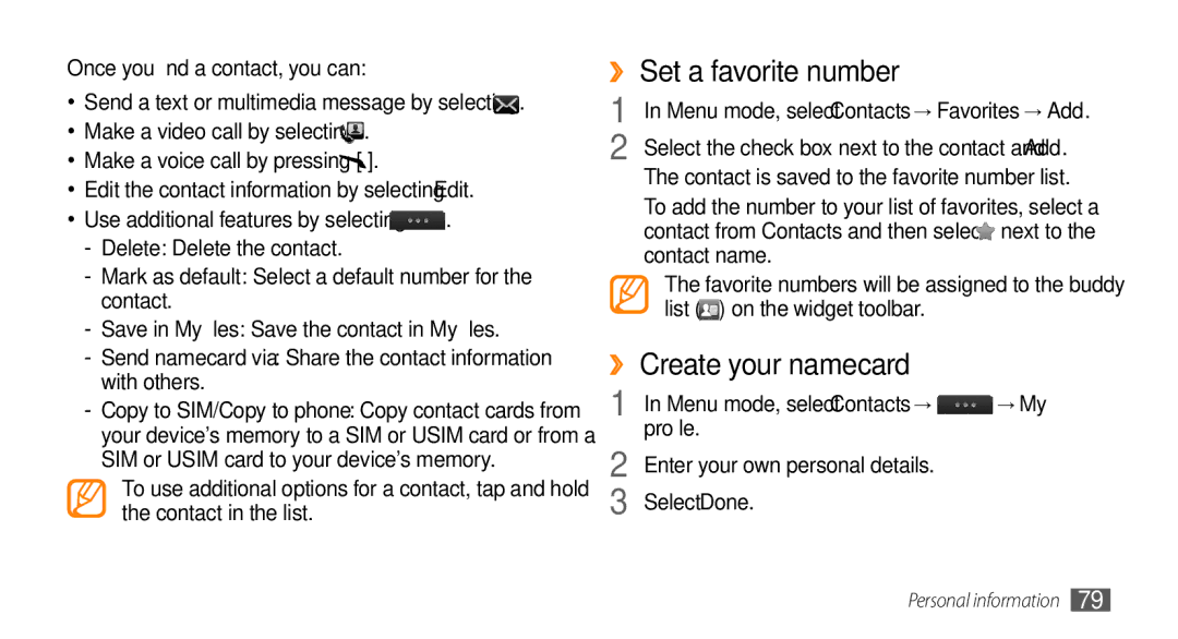 Samsung GT-S8530LIATHR, GT-S8530BAASKZ, GT-S8530BAATMC manual ›› Set a favorite number, ›› Create your namecard, Profile 