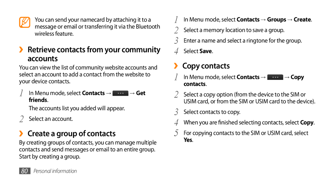 Samsung GT-S8530ISATHR, GT-S8530BAASKZ, GT-S8530BAATMC manual Accounts, ›› Create a group of contacts, ›› Copy contacts 