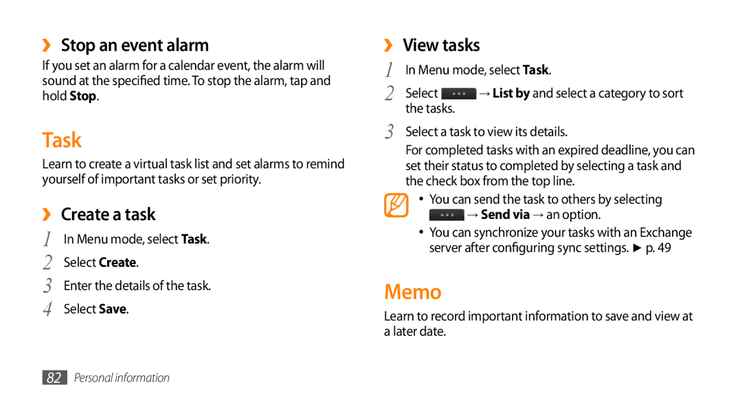 Samsung GT-S8530ISAKSA, GT-S8530BAASKZ, GT-S8530BAATMC Task, Memo, ›› Stop an event alarm, ›› Create a task, ›› View tasks 