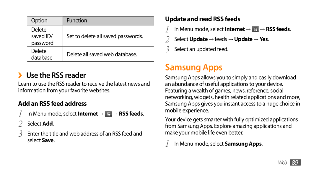 Samsung GT-S8530BAAXSA manual Samsung Apps, ›› Use the RSS reader, Add an RSS feed address, Update and read RSS feeds 