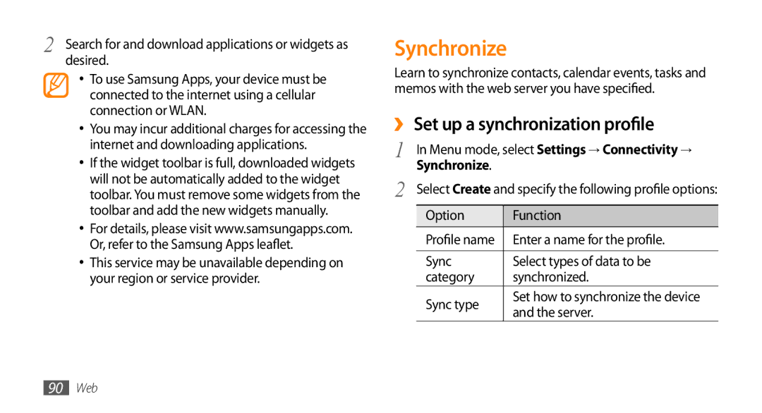 Samsung GT-S8530LIAXEV manual Synchronize, ›› Set up a synchronization profile, Desired, Enter a name for the profile 