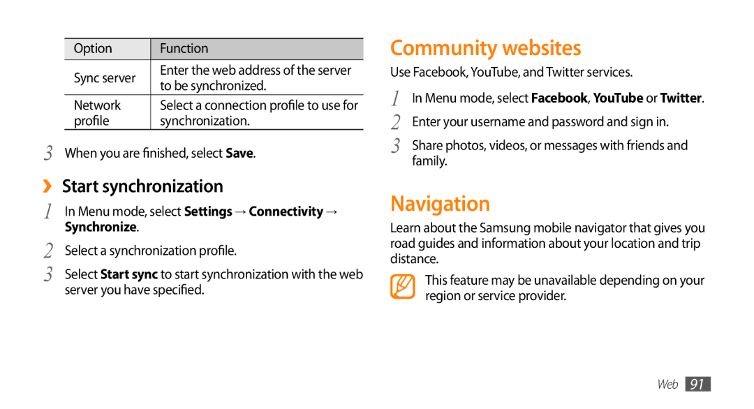 Samsung GT-S8530HKAXXV, GT-S8530BAASKZ, GT-S8530BAATMC manual Community websites, Navigation, ›› Start synchronization 