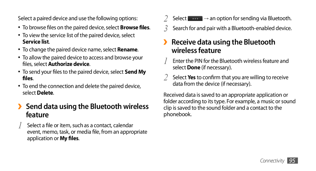 Samsung GT-S8530BAAILO, GT-S8530BAASKZ ›› Send data using the Bluetooth wireless feature, Application or My files Select 