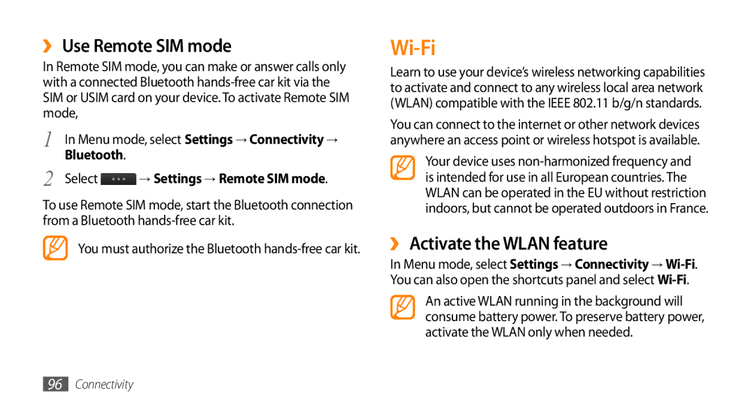 Samsung GT-S8530BAAPTR, GT-S8530BAASKZ, GT-S8530BAATMC manual Wi-Fi, ›› Use Remote SIM mode, ›› Activate the Wlan feature 