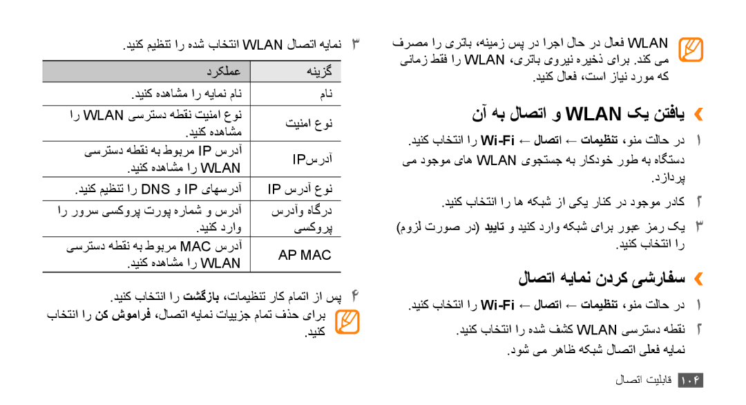 Samsung GT-S8530LIAPAK, GT-S8530BAASKZ, GT-S8530BAATMC manual نآ هب لاصتا و Wlan کی نتفای››, لاصتا هیامن ندرک یشرافس›› 