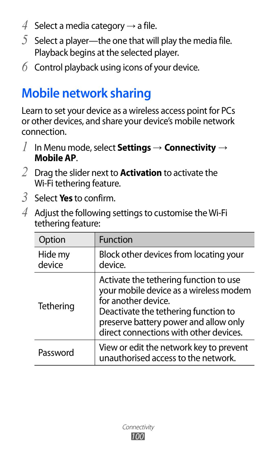 Samsung GT-S8530HKAWIN, GT-S8530ISAVIA manual Mobile network sharing, Device Activate the tethering function to use 