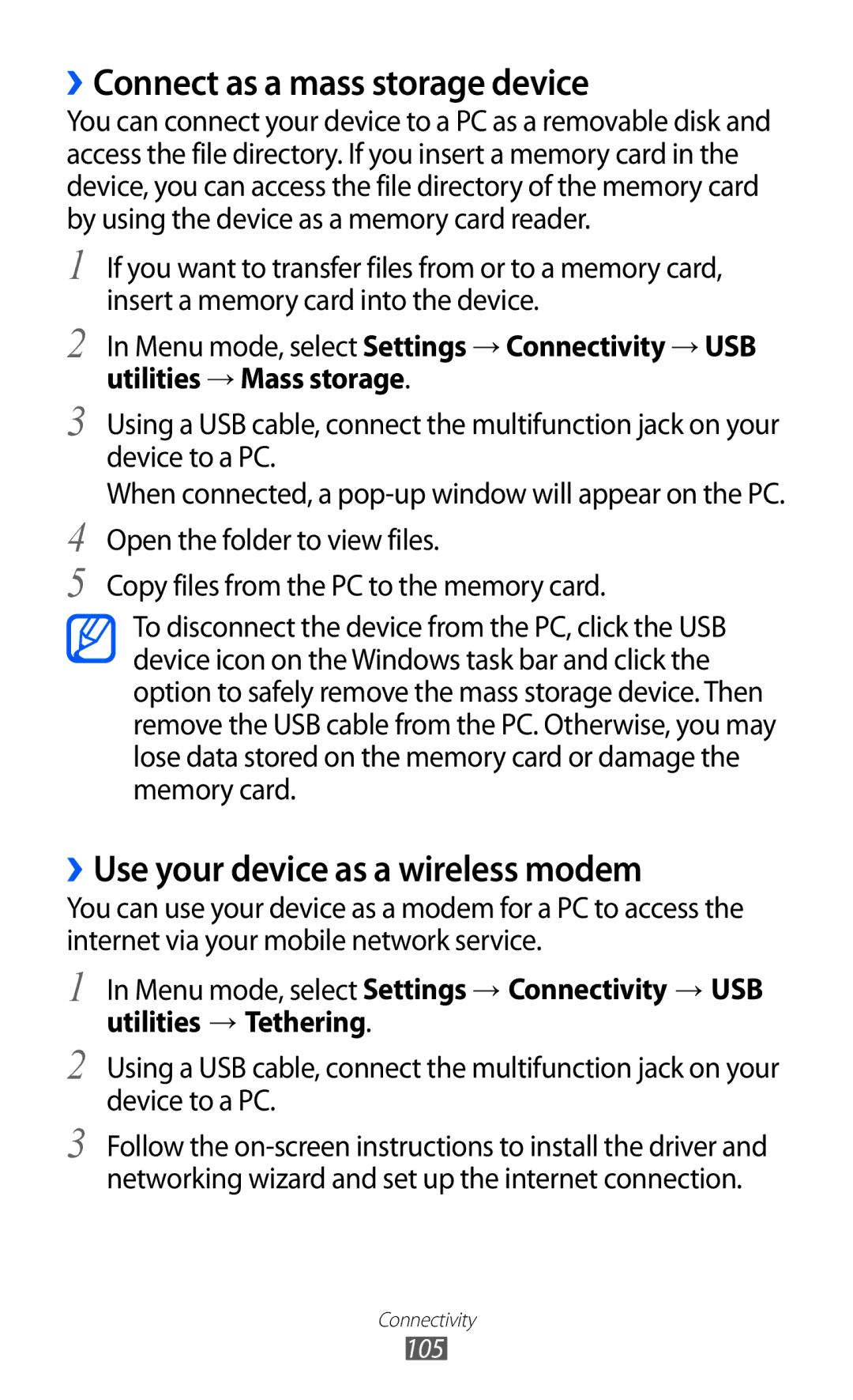 Samsung GT-S8530HKAOMN, GT-S8530ISAVIA manual ››Connect as a mass storage device, ››Use your device as a wireless modem 