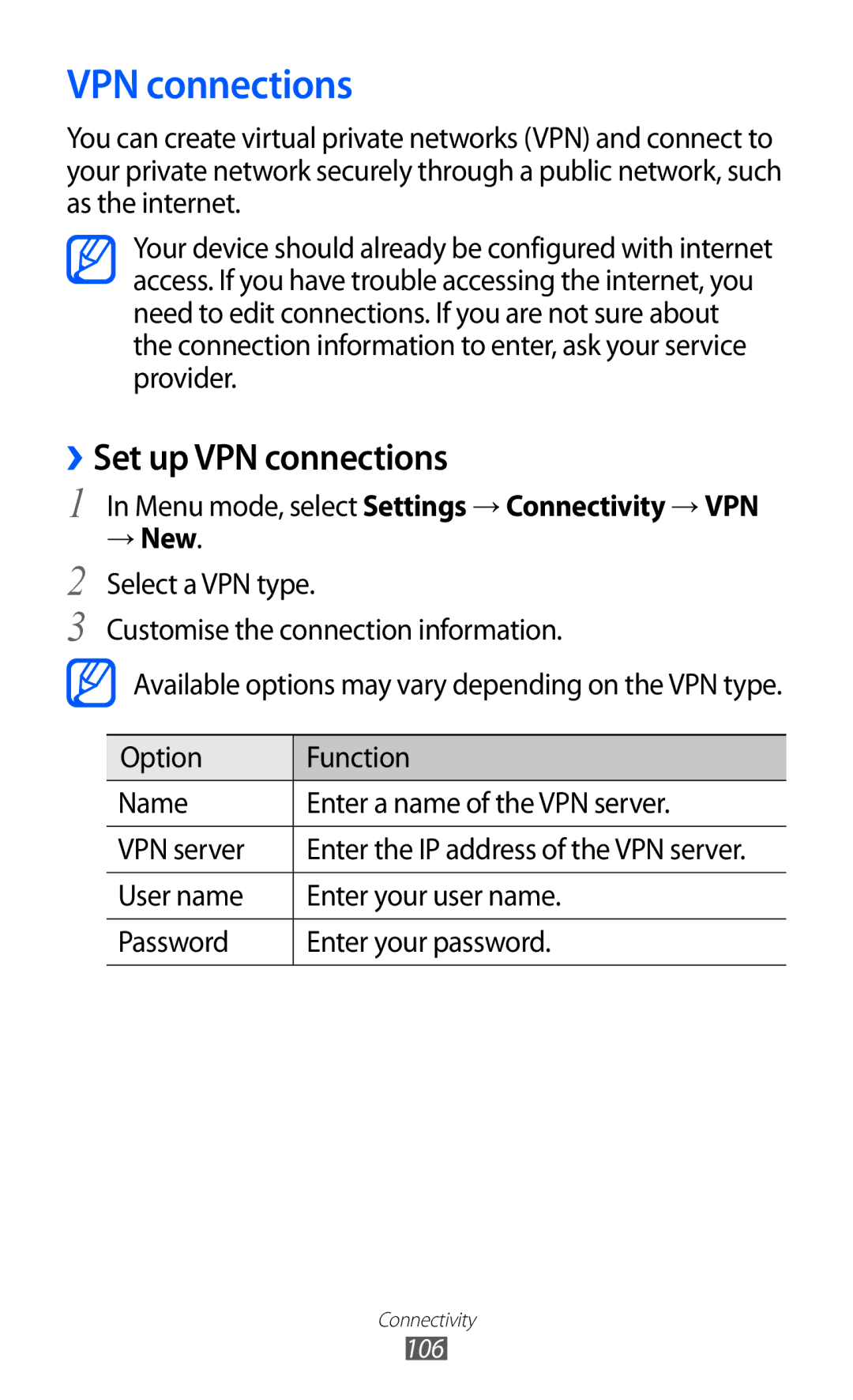 Samsung GT-S8530BAAITV, GT-S8530ISAVIA ››Set up VPN connections, Menu mode, select Settings → Connectivity → VPN → New 