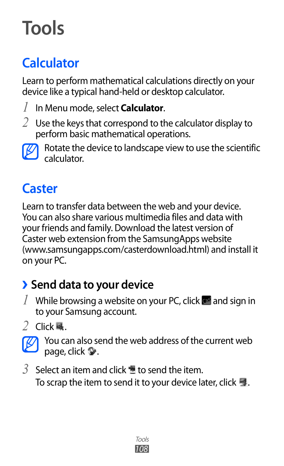 Samsung GT-S8530BAAAMN, GT-S8530ISAVIA, GT-S8530HKAEPL, GT-S8530HKADBT Tools, Calculator, Caster, ››Send data to your device 