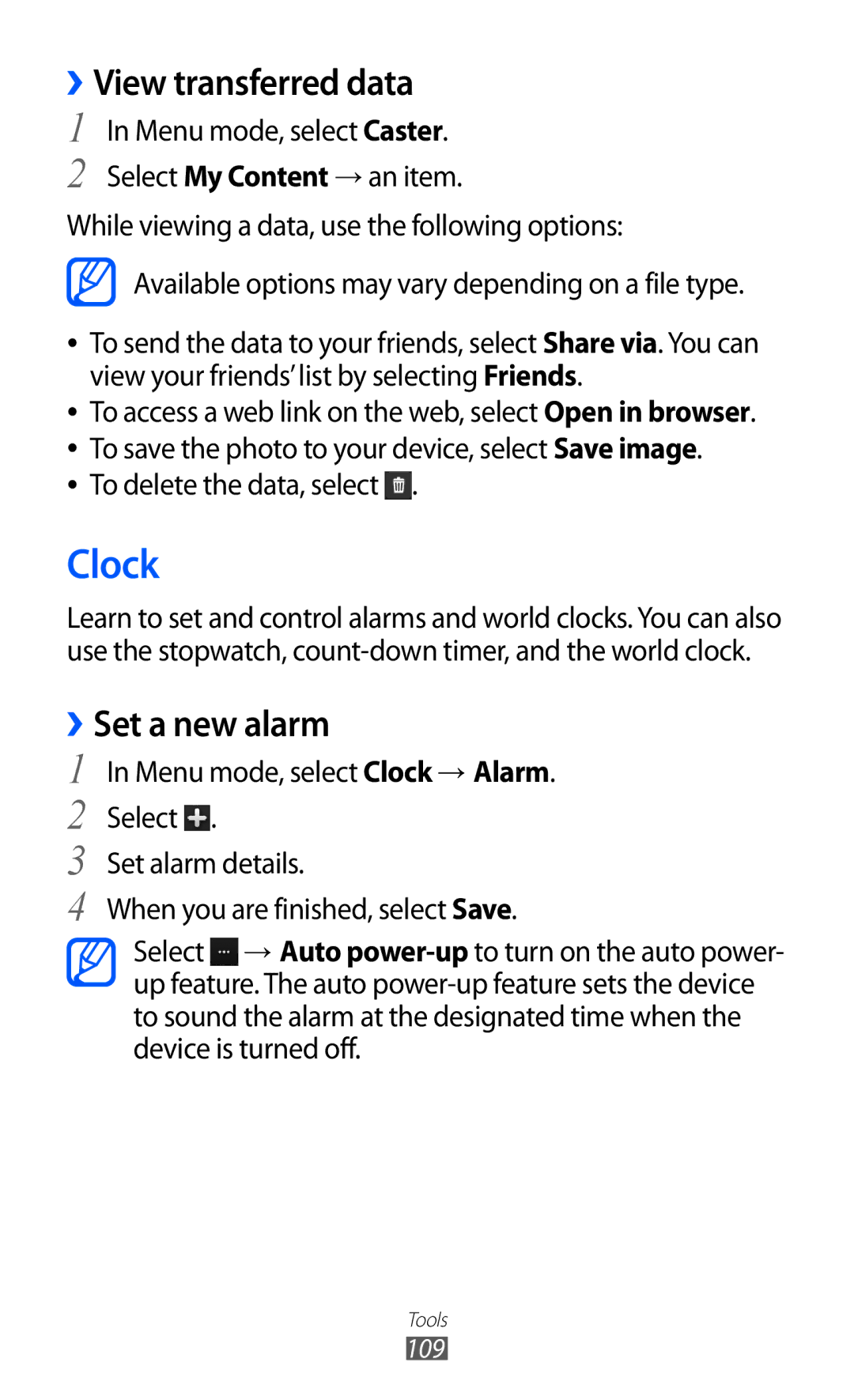 Samsung GT-S8530BAAFOP, GT-S8530ISAVIA manual Clock, ››View transferred data, ››Set a new alarm, To delete the data, select 