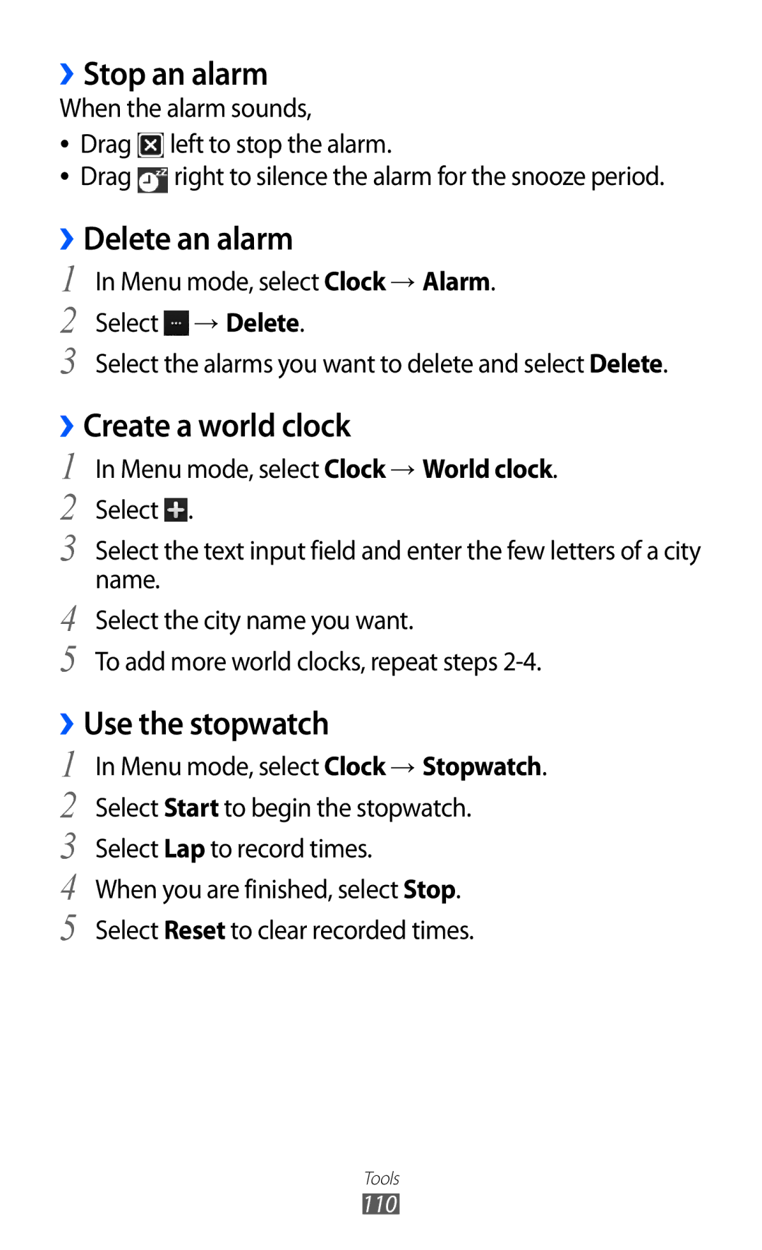 Samsung GT-S8530BAAATL, GT-S8530ISAVIA ››Stop an alarm, ››Delete an alarm, ››Create a world clock, ››Use the stopwatch 