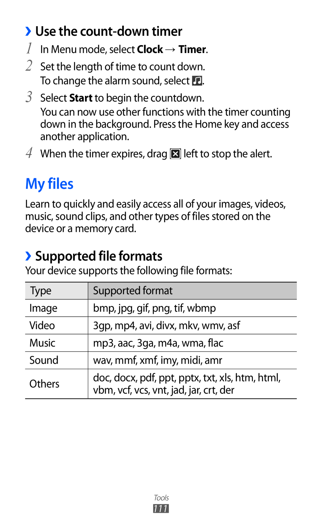 Samsung GT-S8530BAAYOG My files, ››Use the count-down timer, ››Supported file formats, Menu mode, select Clock → Timer 