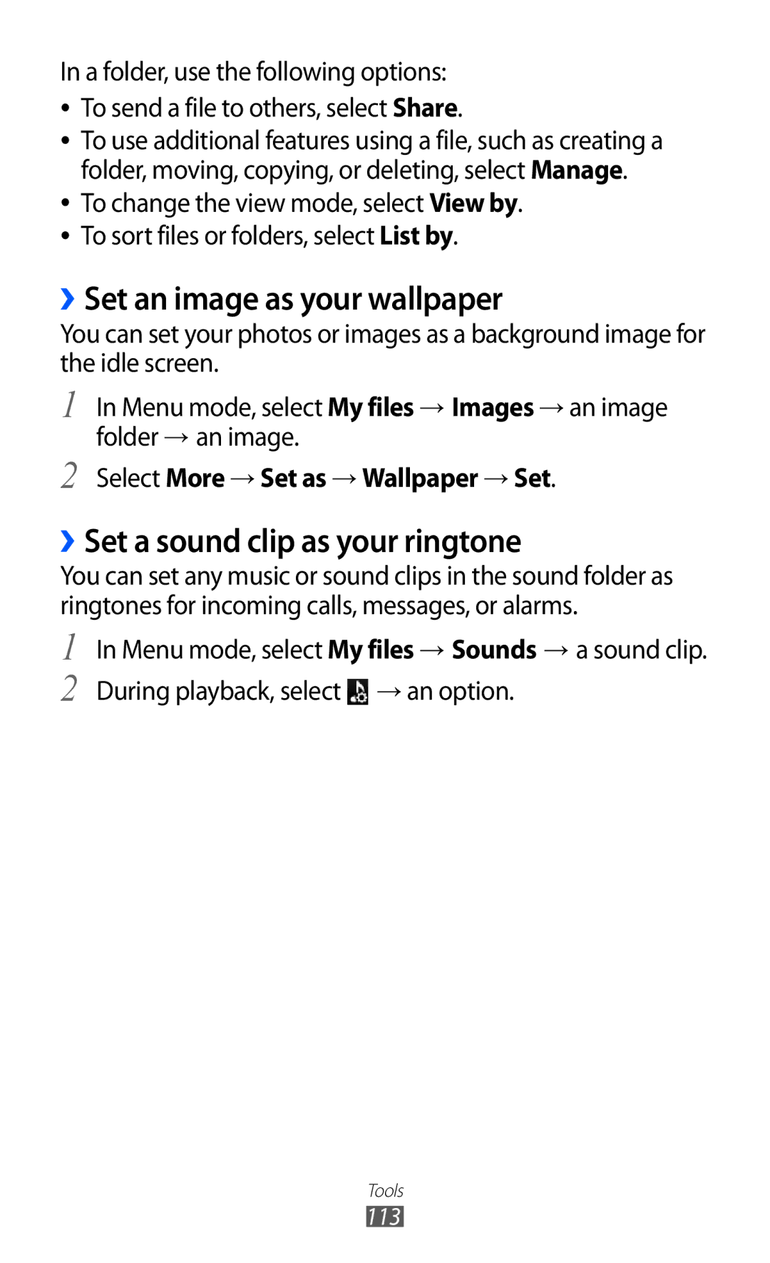 Samsung GT-S8530BAAORS, GT-S8530ISAVIA manual ››Set an image as your wallpaper, ››Set a sound clip as your ringtone 